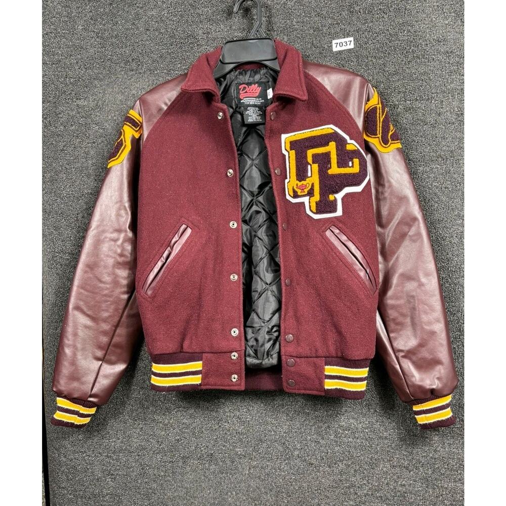 Dilly Letterman Jacket Size XS Maroon Wool Vinyl Varsity Chenille Patch Bomber